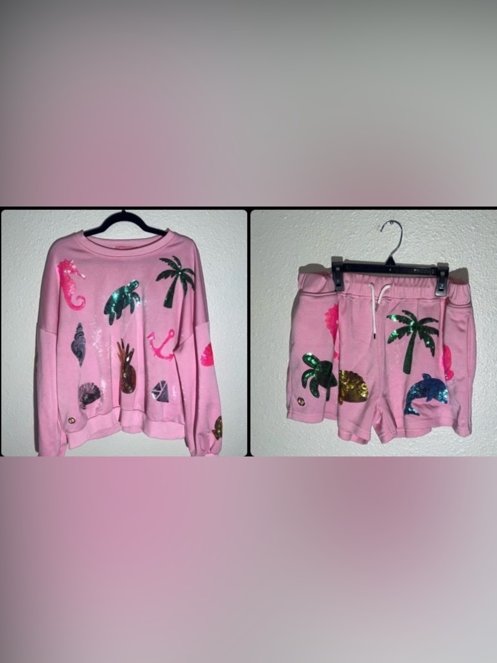 Simply Southern Pink Sequin Tropical Motif Sweatshirt and Short Set Sz XL
